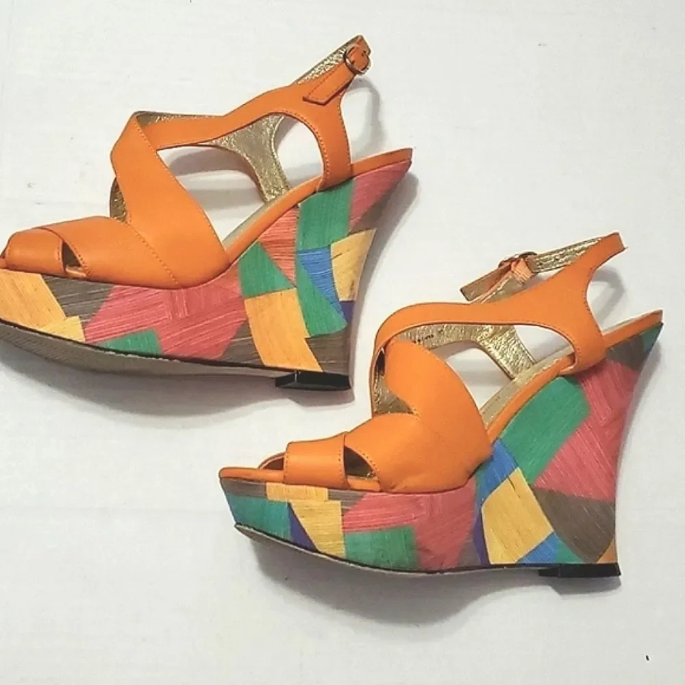 Adrianna Papell Colorful Artsy Orange Geometric Leather Platform Sandals 8M
